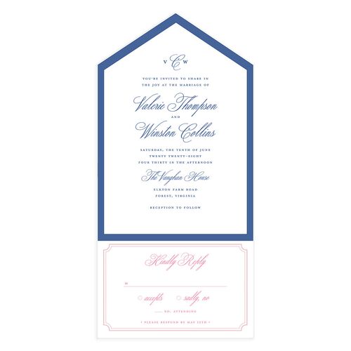 Elegant Eclectic All-in-One Wedding Invitations French Blue Signature Light Both Recipient and Return Addresses No