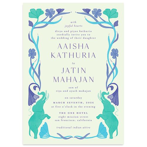 Indian Majestic Legacy Elephants Wedding Invitations Turquoise Signature Blank No Standard