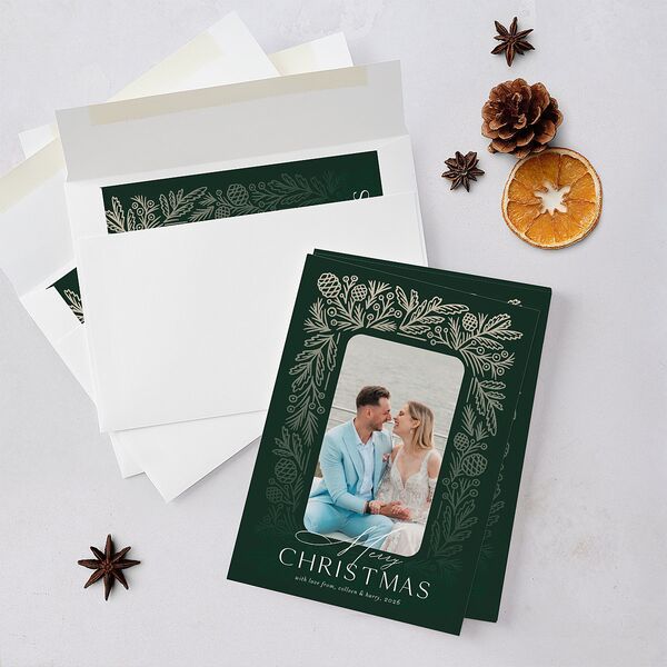 Pinecone Frame Holiday Cards Dark Green Signature Blank Standard Portrait