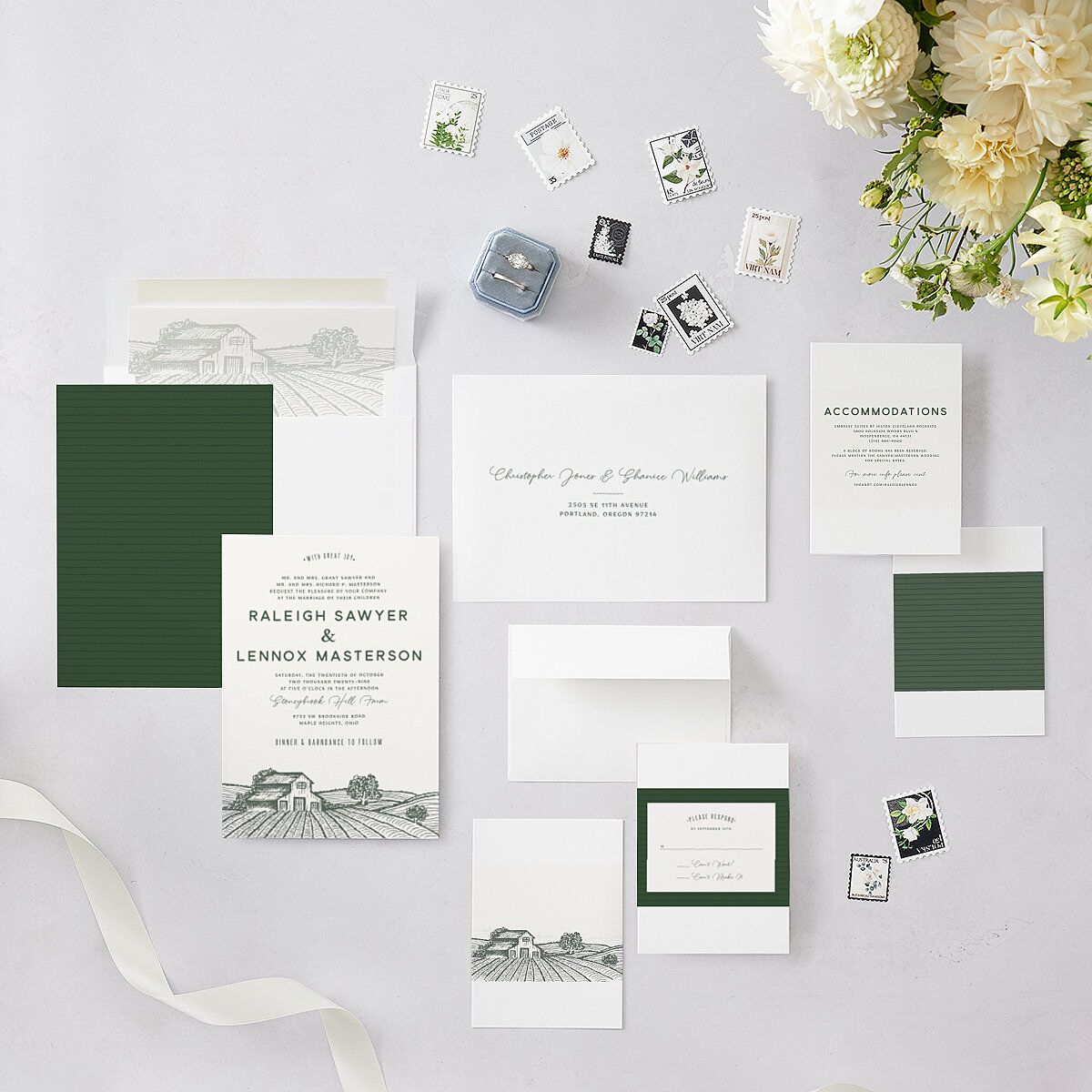 Country Farm Wedding Invitations Hunter Green Signature Blank No