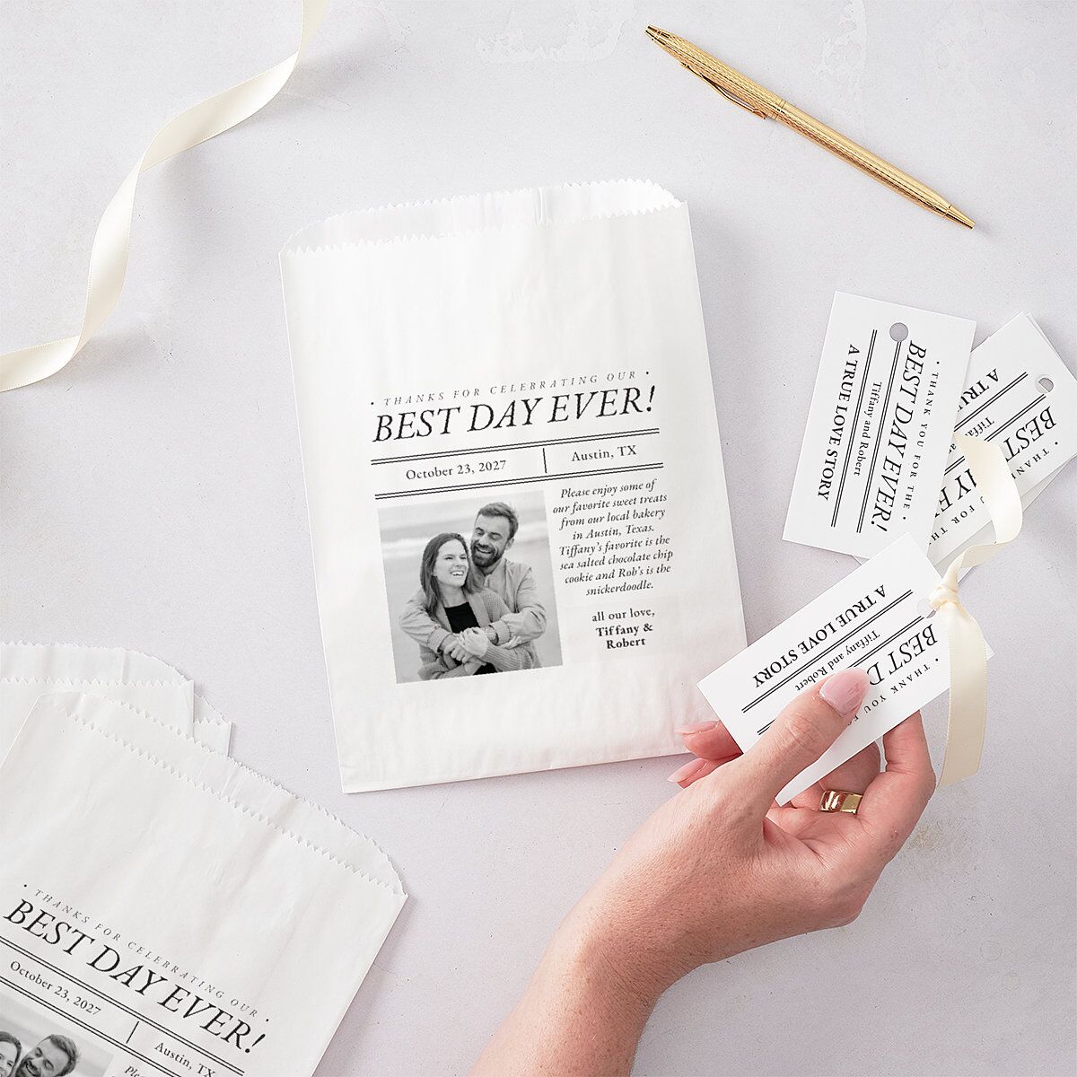 Newspaper Favor Gift Tags Pure White Signature