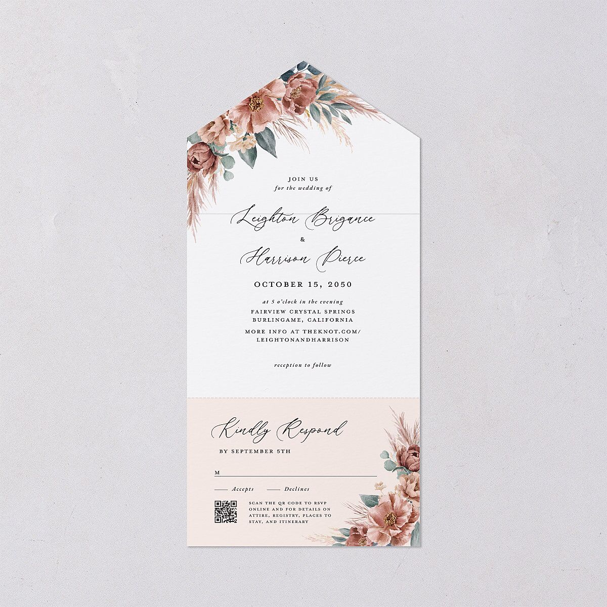 Pampas and Eucalyptus Floral All-in-One Wedding Invitations Desert Rose Signature Light Both Recipient and Return Addresses No