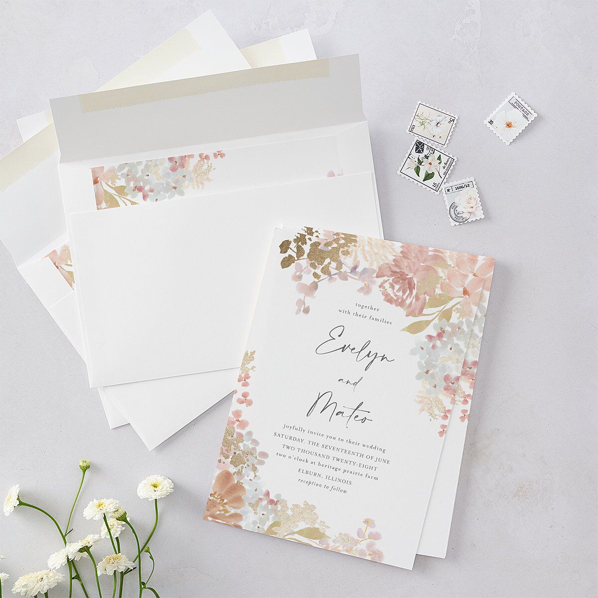 Hydrangea Garden Wedding Invitations Gold Pink Cotton Signature Blank No