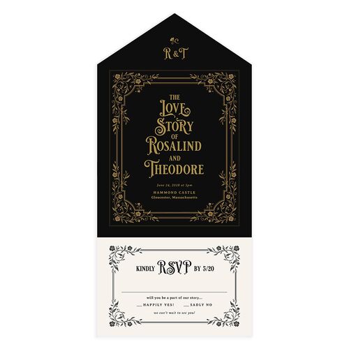 Vintage Storybook All-in-One Wedding Invitations Charcoal Signature Light Both Recipient and Return Addresses No