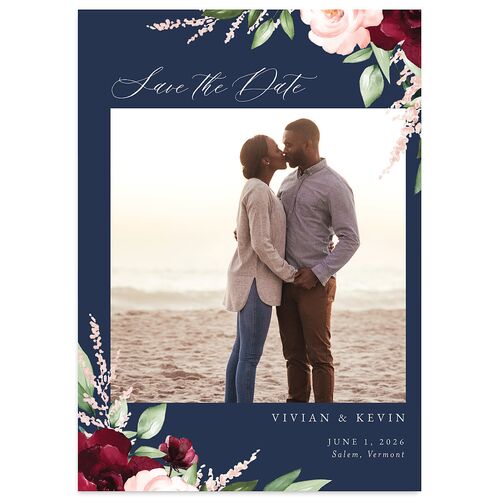 Beloved Floral Save The Date Cards Navy Signature smooth Blank No Standard