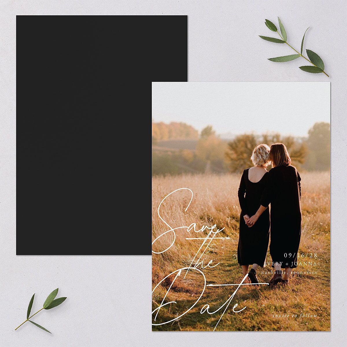 Corner Script Save The Date Cards — view 1