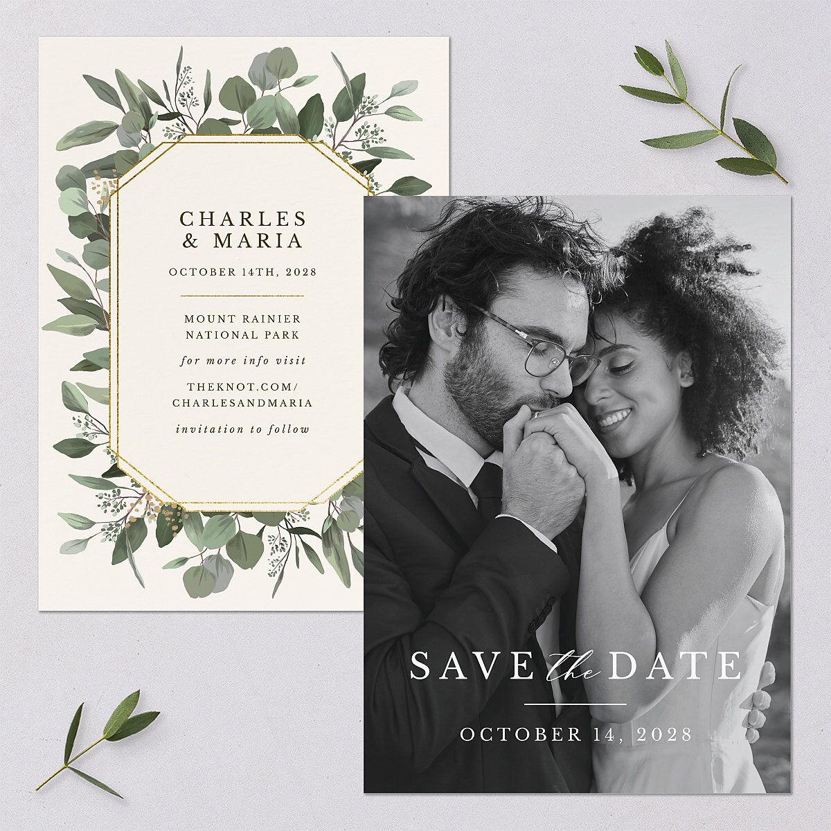 Simple Eucalyptus Save the Date Cards — view 1