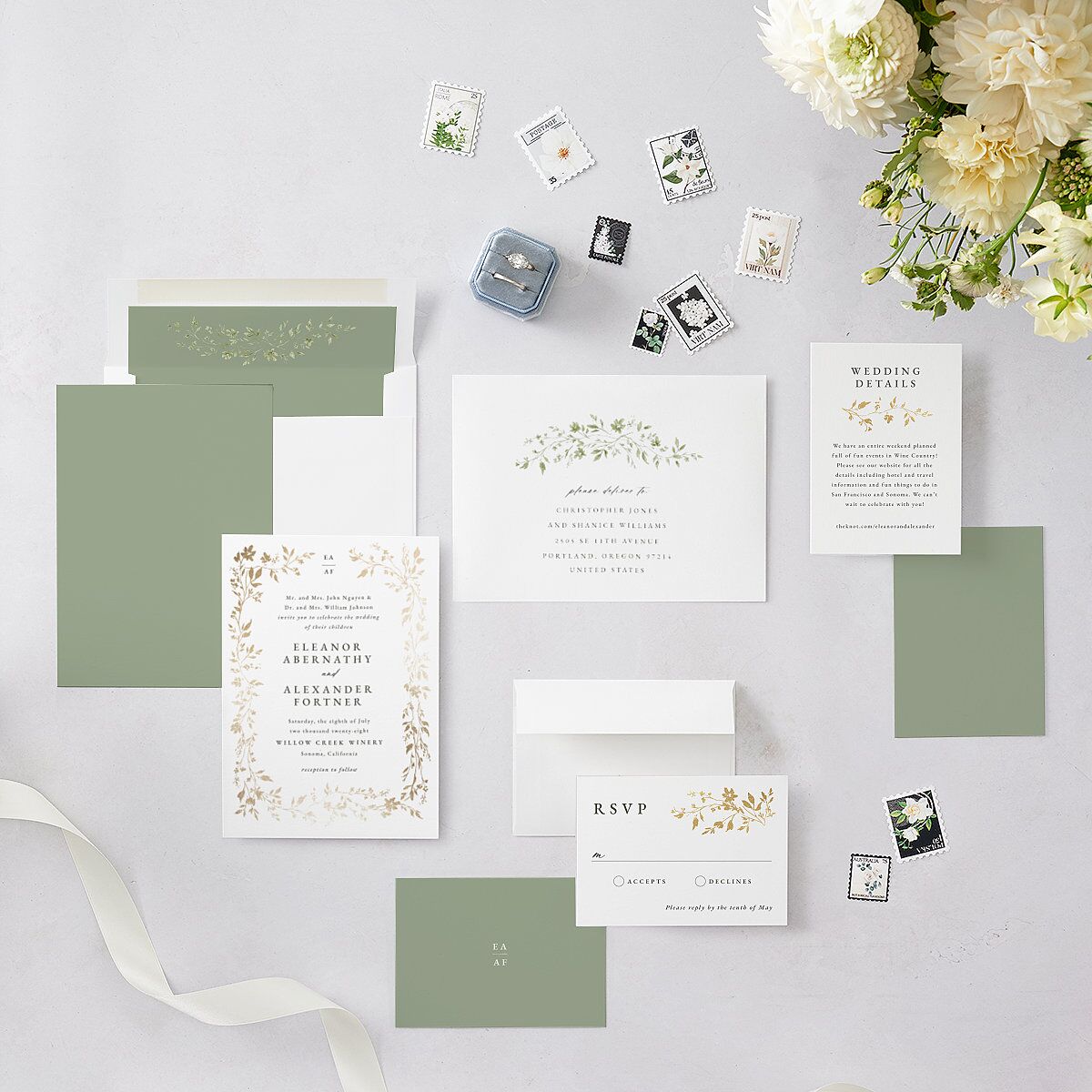 Timeless Floral Foil Wedding Invitations Gold Thyme Signature Blank No Standard