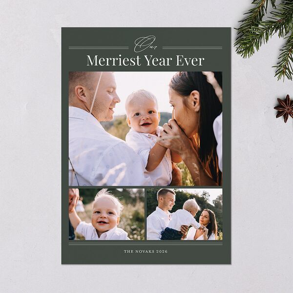 Our Merriest Year Baby Announcement Holiday Cards Hunter Green Signature Blank Standard Landscape