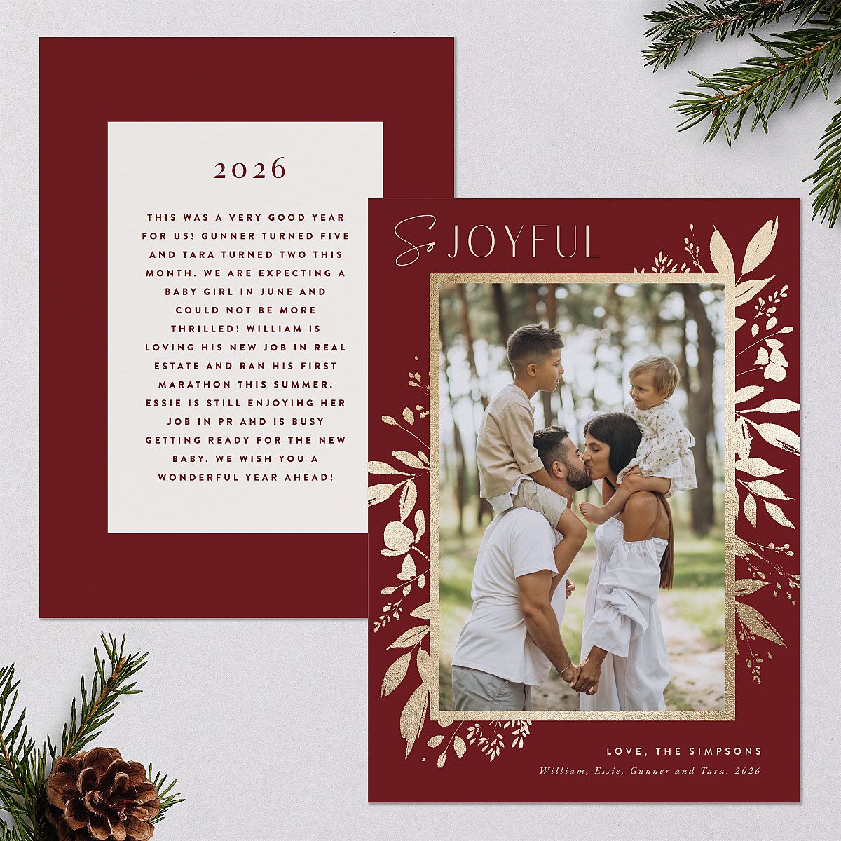 Festive Foliage Holiday Cards Gold Maroon Signature Blank Portrait Standard