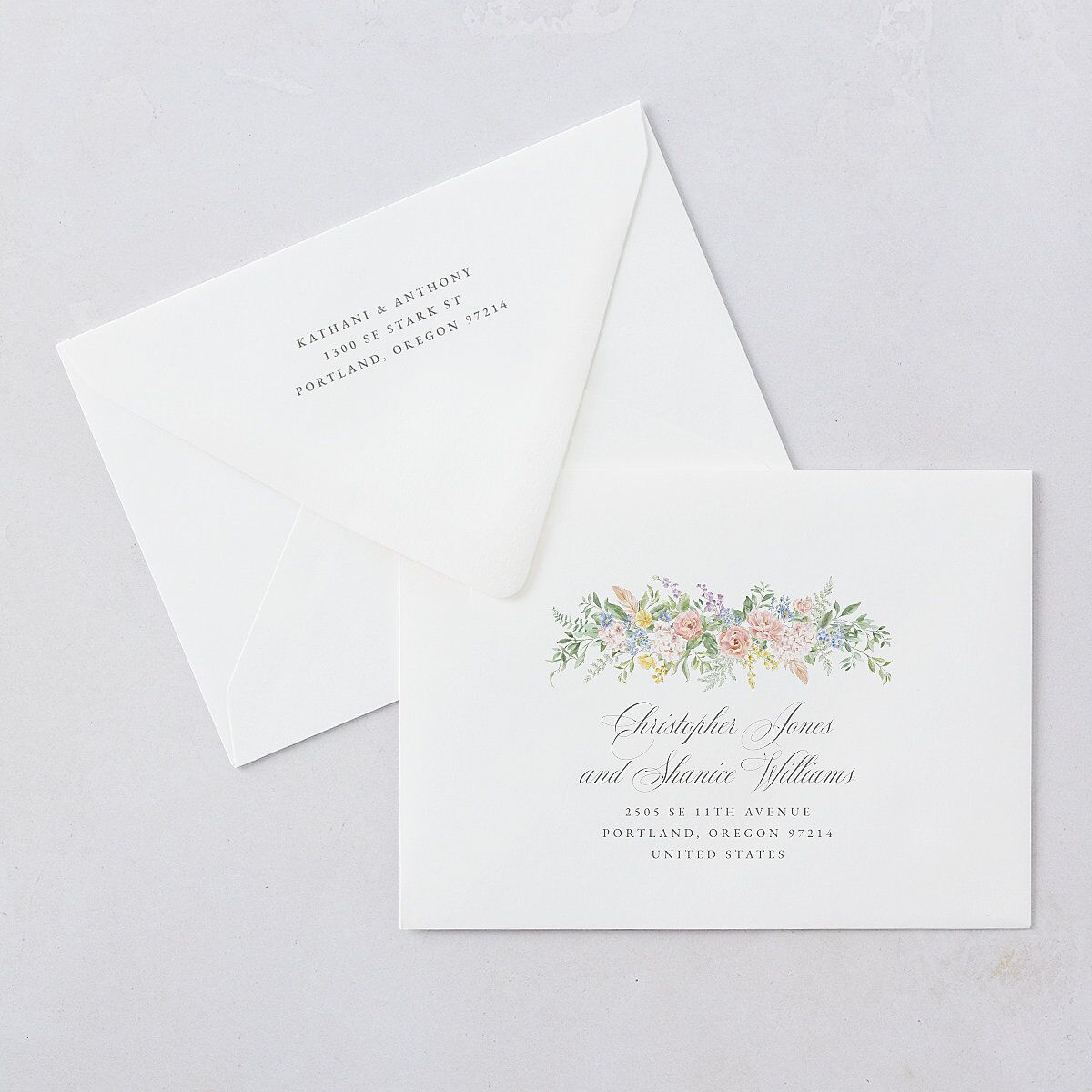 Glamorous Regency Garden Save The Date Card Euro Envelopes by Bridgerton White Sage Both Recipient and Return Addresses Luxe Signature