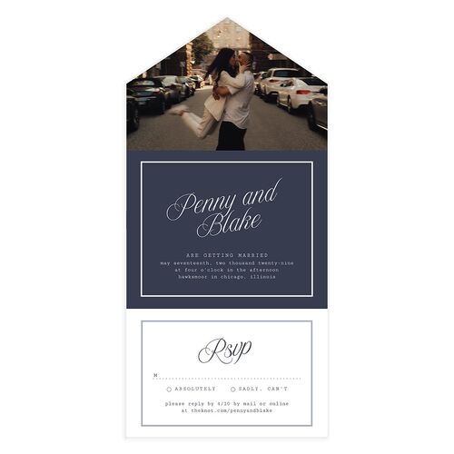 Vintage Script All-in-One Wedding Invitations Moody Blue Signature Light Both Recipient and Return Addresses No