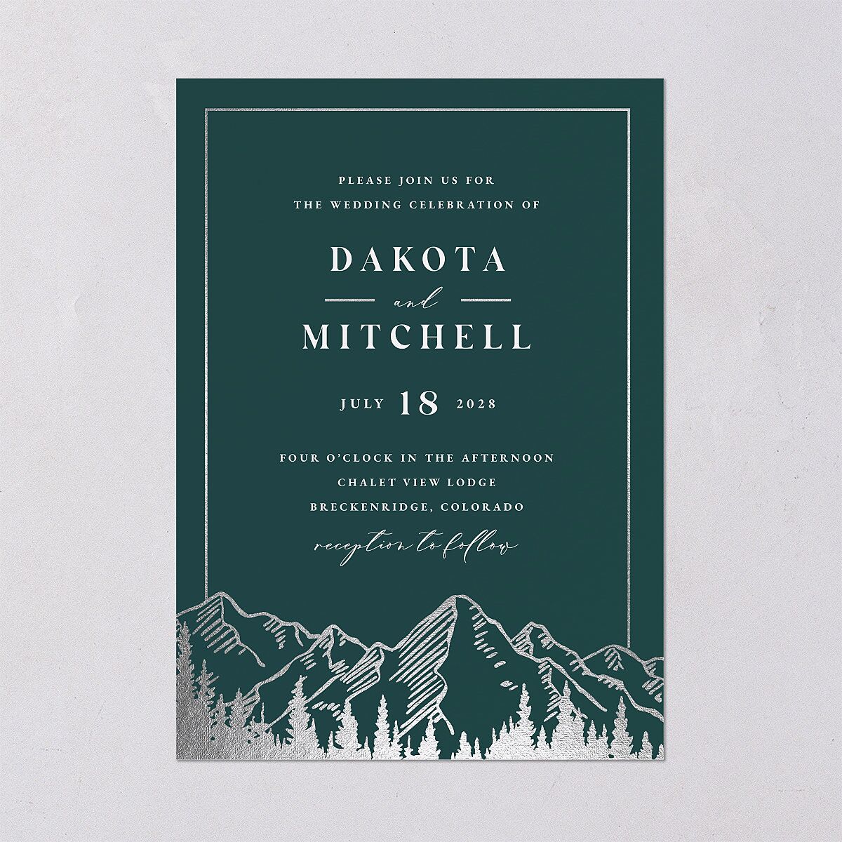 Mountain Escape Foil Wedding Invitations Silver Dark Emerald Signature Blank No