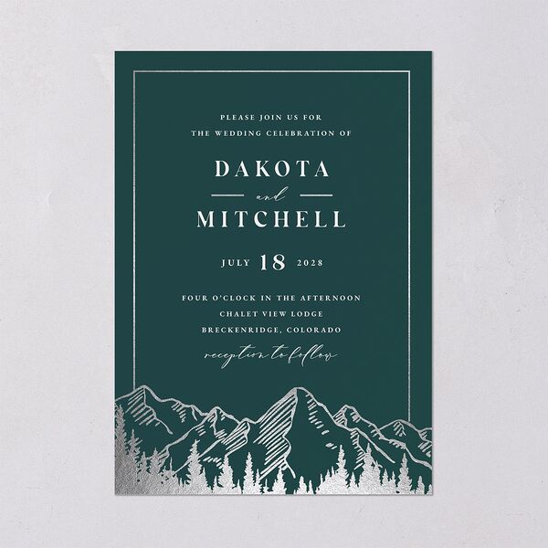 Mountain Escape Foil Wedding Invitations Silver Dark Emerald Signature Blank No