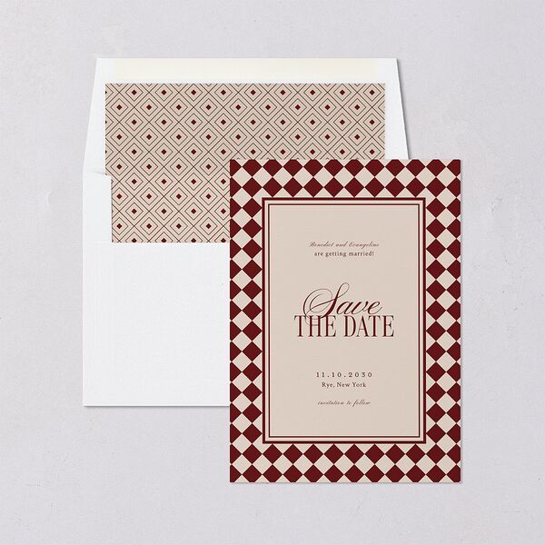 Elegant Diamond Pattern Save the Date Cards Burgundy Signature smooth Blank No Standard
