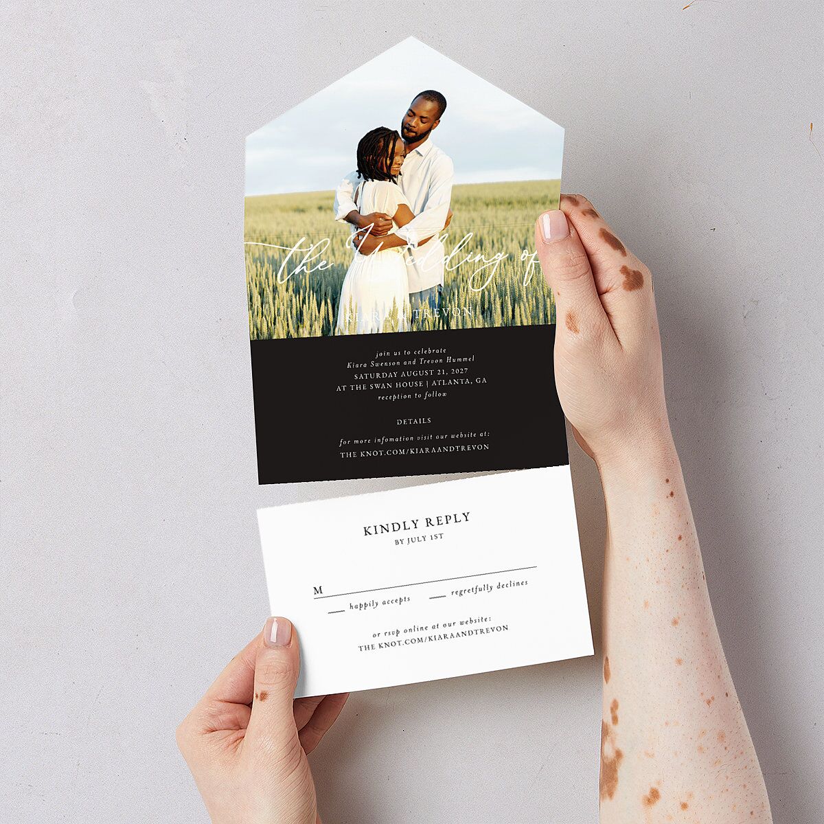 Romantic Photo All-in-One Wedding Invitations Midnight Signature Light Both Recipient and Return Addresses No