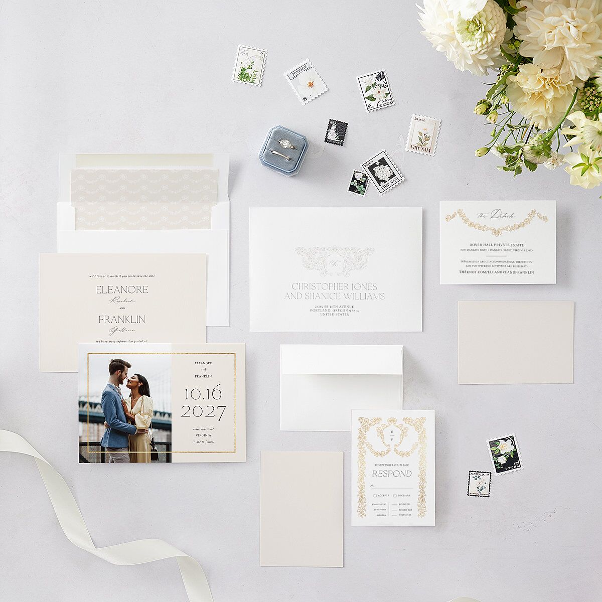 Baroque Border Save the Date Cards Gold Pure White Signature smooth Blank No Standard