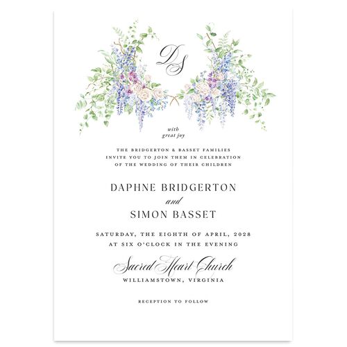 Formal Wisteria Garden Crest Wedding Invitations by Bridgerton Cornflower Signature Blank No