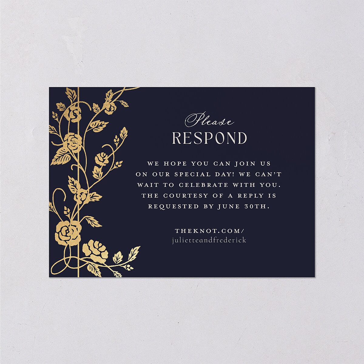 Sword and Roses Fantasy Garden Foil Wedding Response Cards Dark Navy Gold Signature Standard