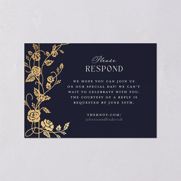 Sword and Roses Fantasy Garden Foil Wedding Response Cards Dark Navy Gold Signature Standard
