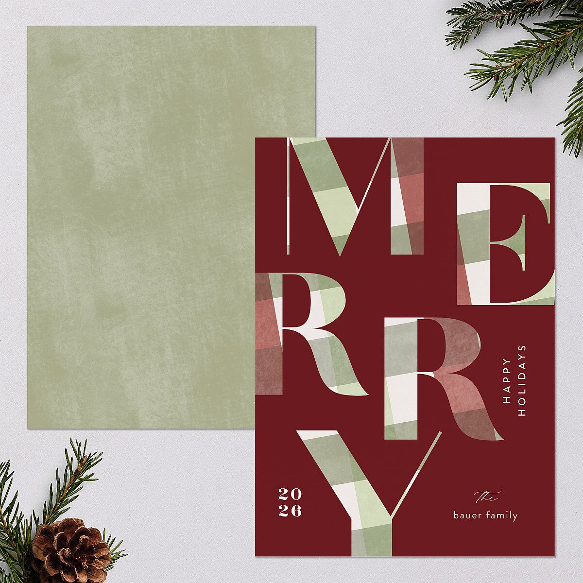 Flannel Type Holiday Cards Maroon Signature Blank Standard Portrait