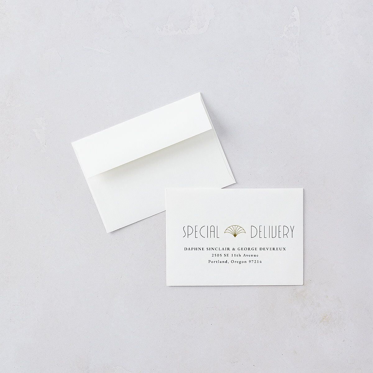 Gatsby Deco Arch Response Card Envelopes White Dark Emerald Return Address Signature Standard