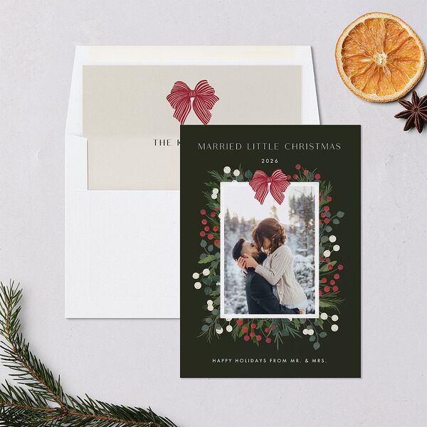 Rustic Holiday Foliage with Bow Holiday Cards Hunter Green Signature Blank Standard