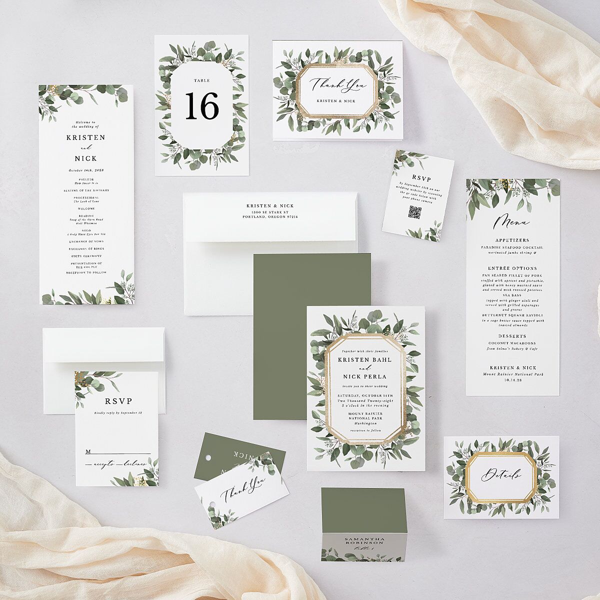 Eucalyptus Frame Foil Wedding Response Cards Gold Pure White Signature Standard