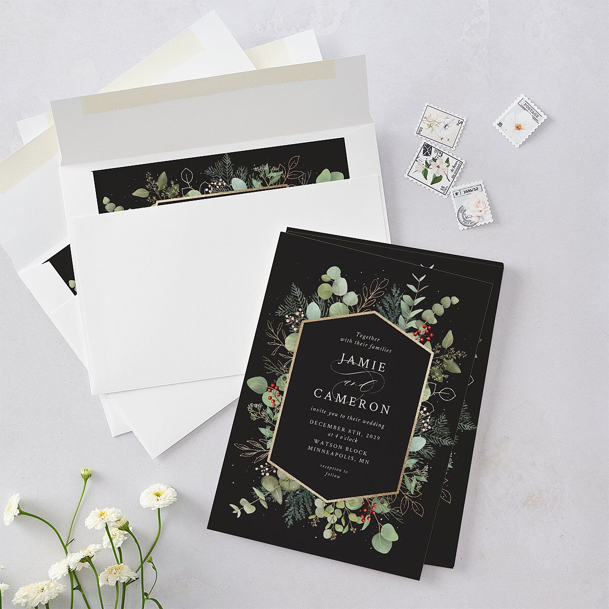 Elegant Eucalyptus Christmas Foil Wedding Invitations Gold Licorice Signature Blank No Standard