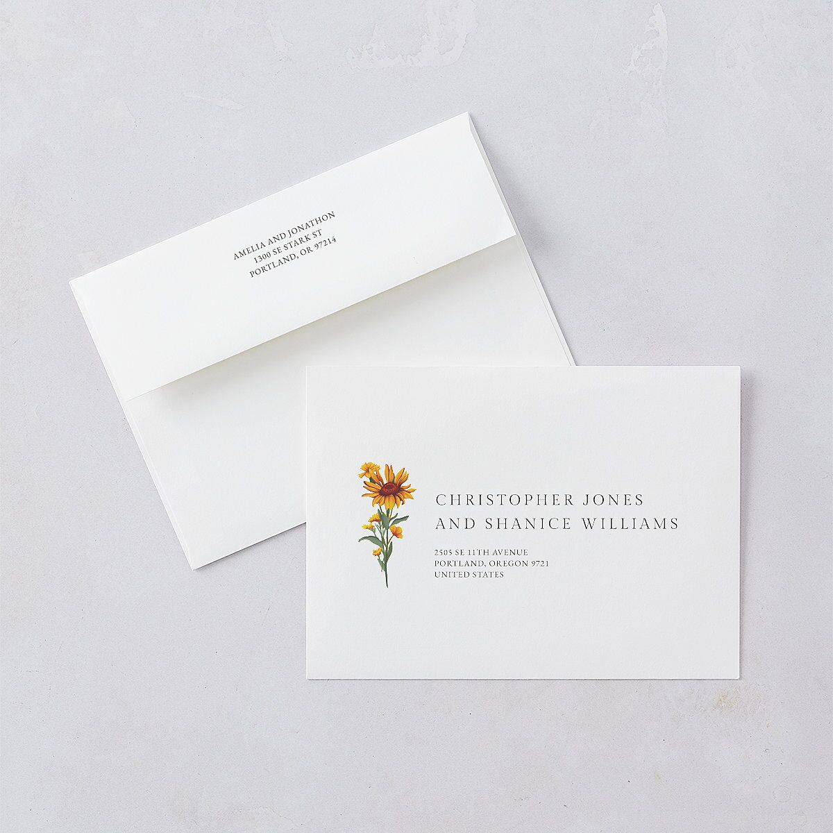 Wild Daisies Save The Date Card Envelopes White Buttercup Both Recipient and Return Addresses Signature Standard