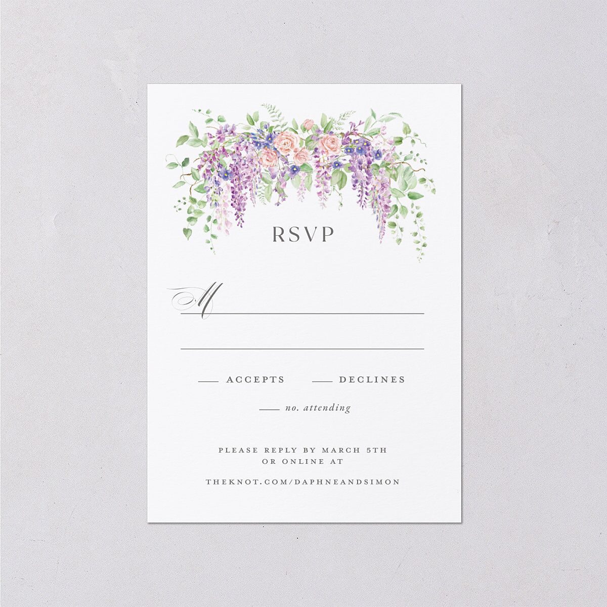 Formal Wisteria Garden Crest Wedding Response Cards by Bridgerton — view 1