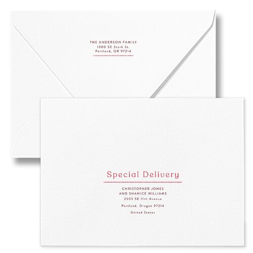 Merry and Bright Plus One Plaid Pattern Holiday Card Euro Envelopes White Burgundy Both Recipient and Return Addresses Luxe Signature