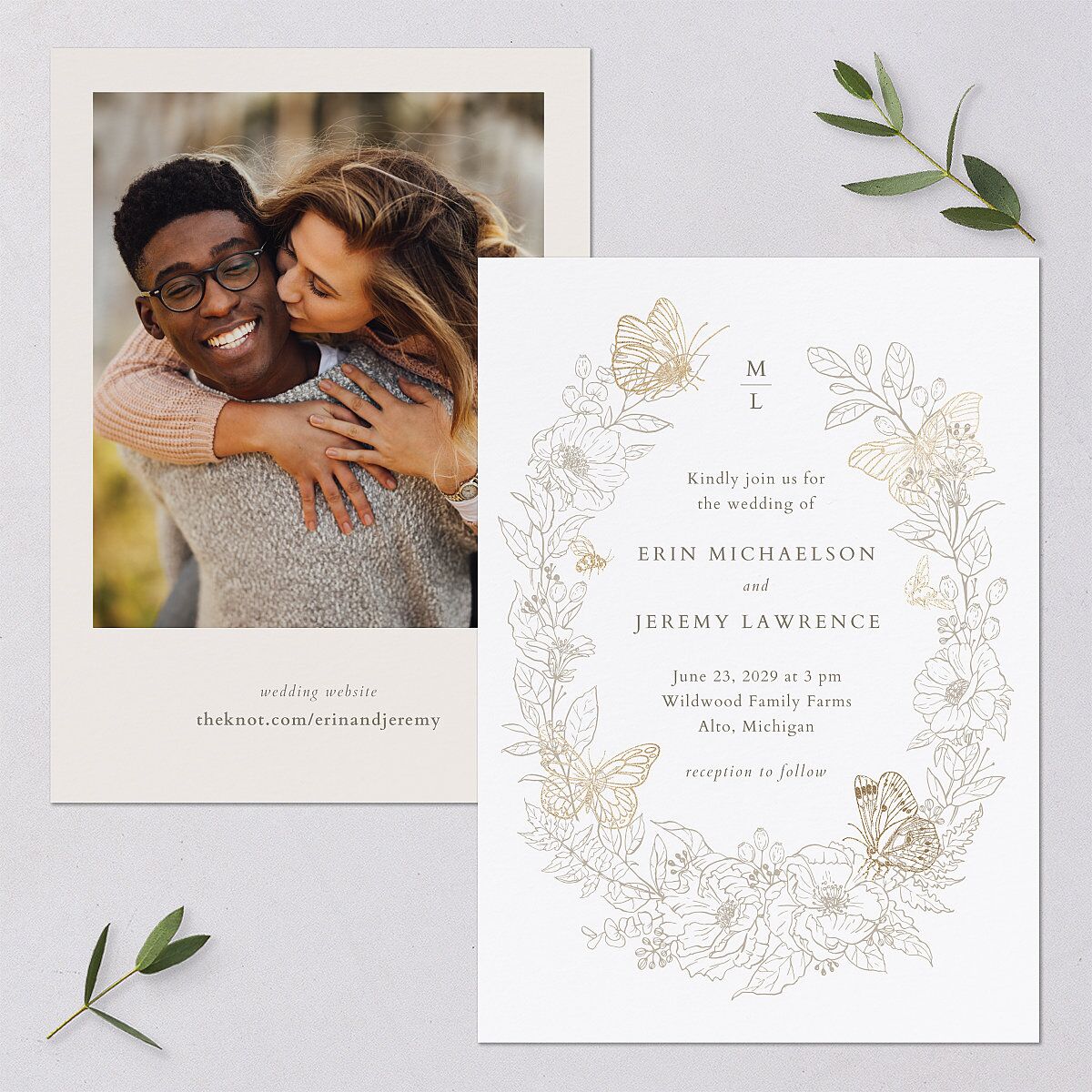 Butterfly Botanical Foil Wedding Invitations Gold Pure White Signature Blank No Standard
