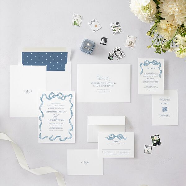 Vintage Bow Wedding Invitations Regency Blue Signature Blank No Standard