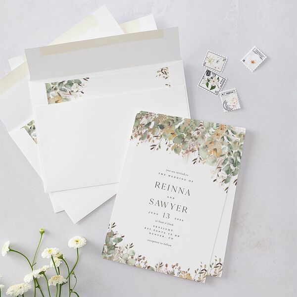 Eucalyptus Edges Wedding Invitations Gold Pure White Signature Blank No