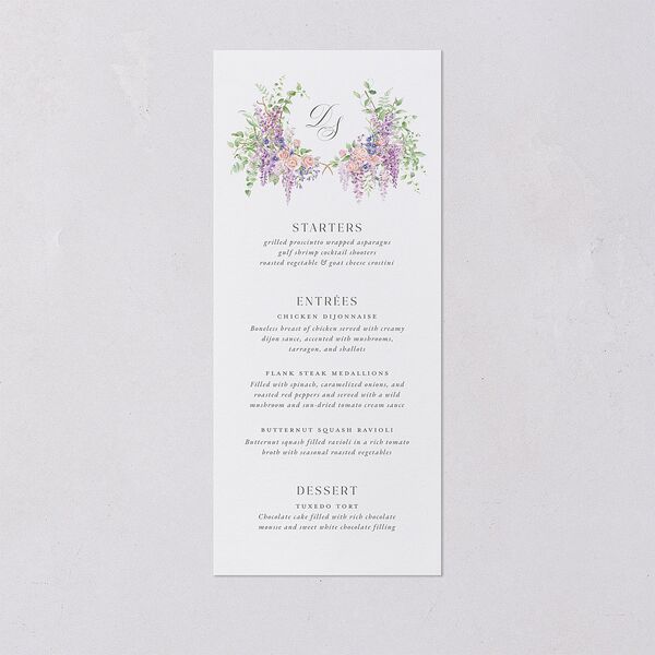 Formal Wisteria Garden Crest Menus by Bridgerton Purple Haze Signature