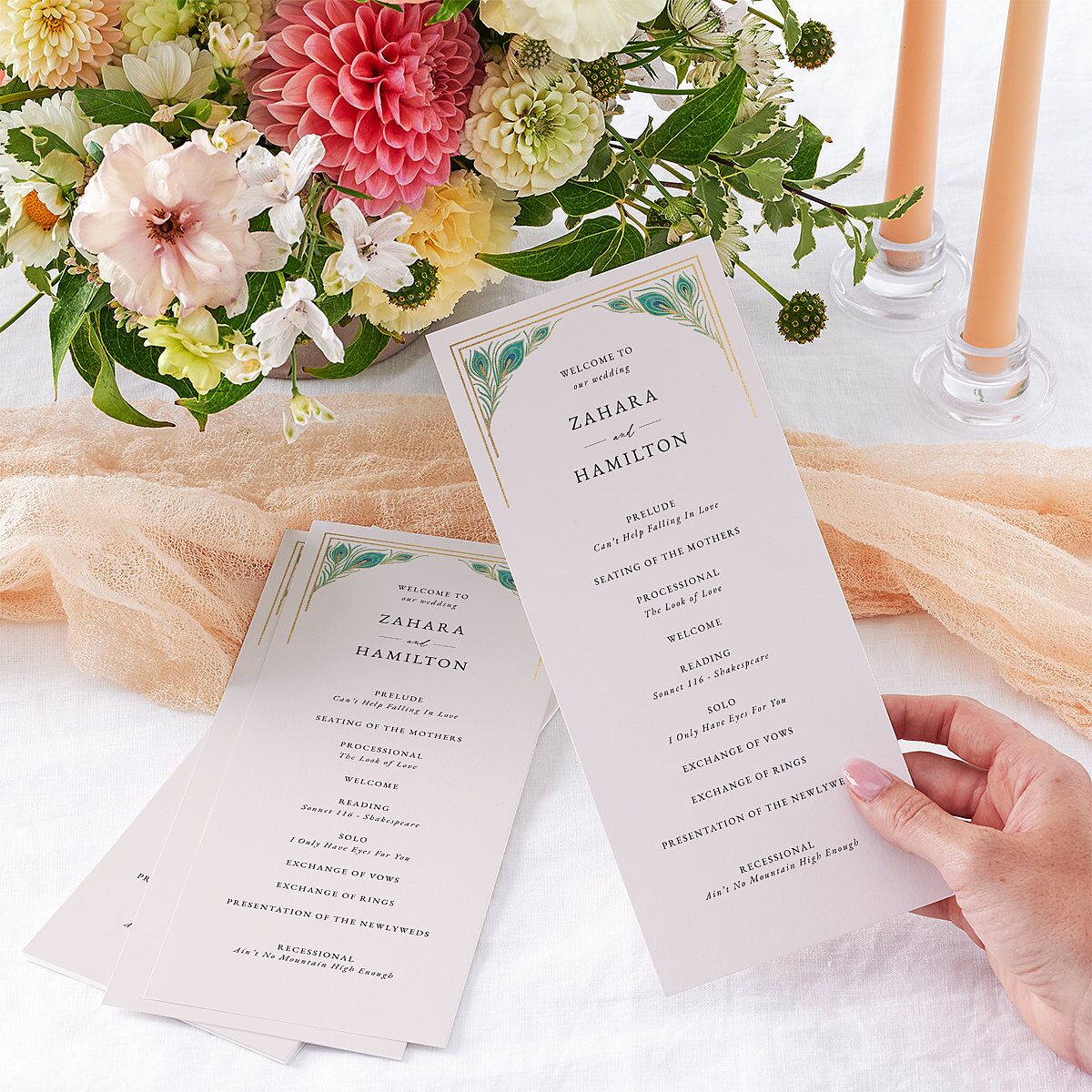 Peacock Nouveau Wedding Programs Gold Linen Signature