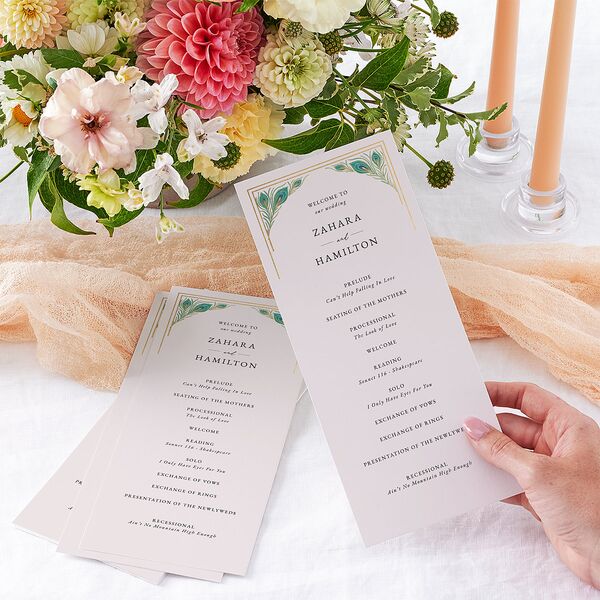 Peacock Nouveau Wedding Programs Gold Linen Signature
