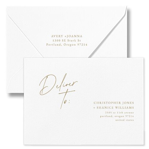 Corner Script Wedding Invitation Euro Envelopes White Sand Both Recipient and Return Addresses Luxe Signature