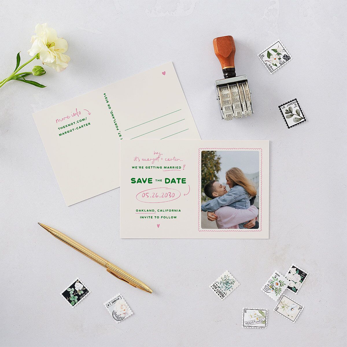 Whimsically Retro Handwritten Note Save the Date Postcards Kelly Green