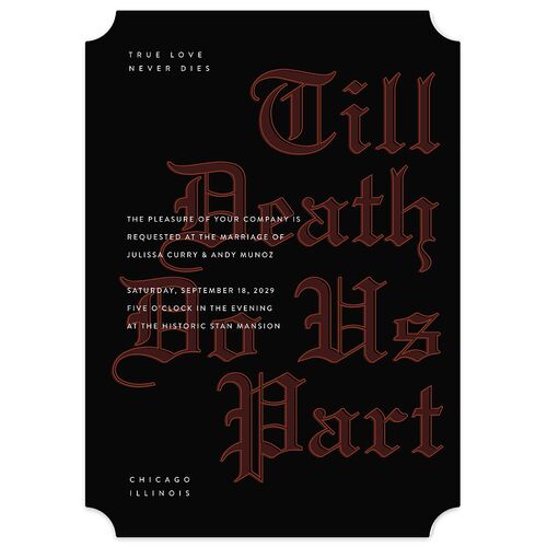 Editorial Gothic Till Death Wedding Invitations Charcoal Signature Blank No Ticket