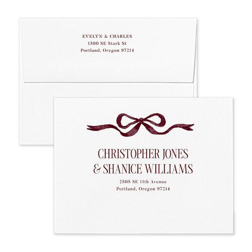 Whimsical Hand Drawn Bow Save the Date Magnet Envelopes White Burgundy Both Recipient and Return Addresses Signature Standard
