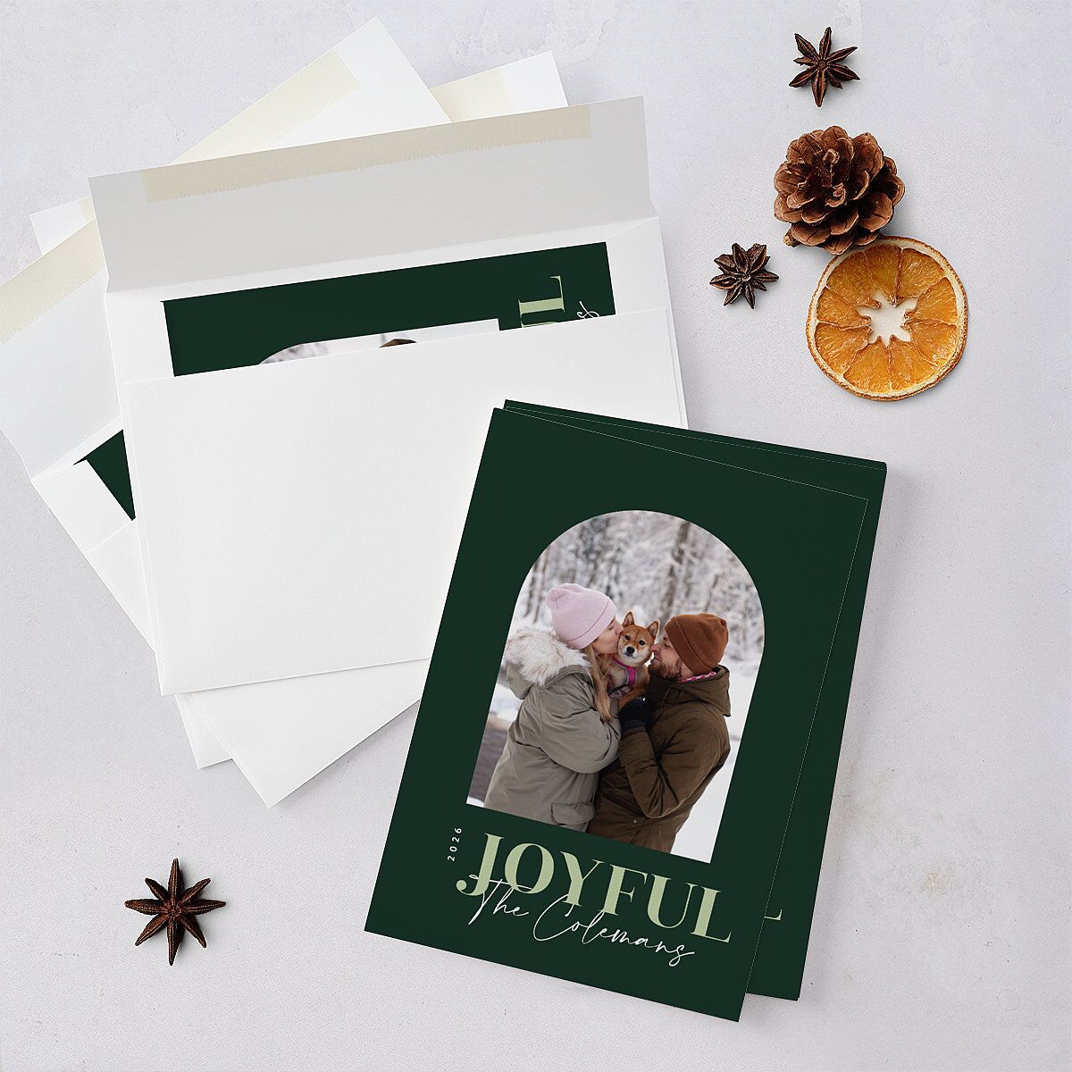Joyful Arch Holiday Cards Dark Green Signature Blank Standard Portrait