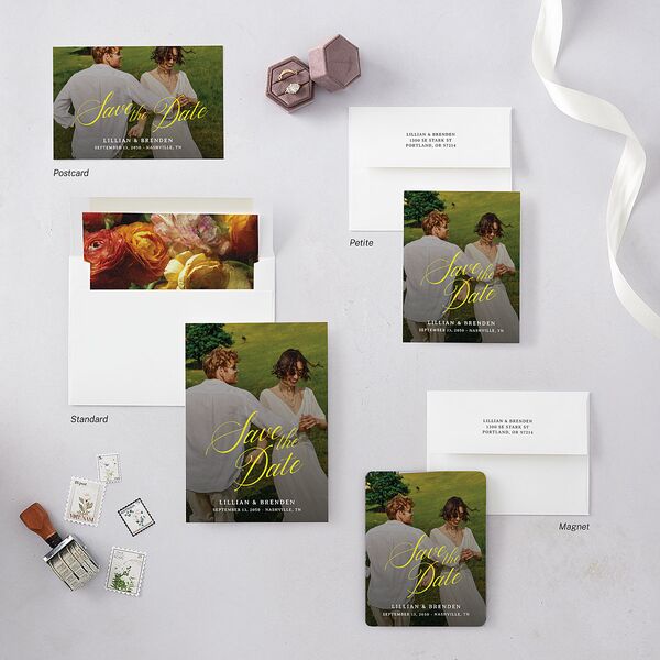Technicolor Calligraphy Photo Save the Date Postcards Pure White