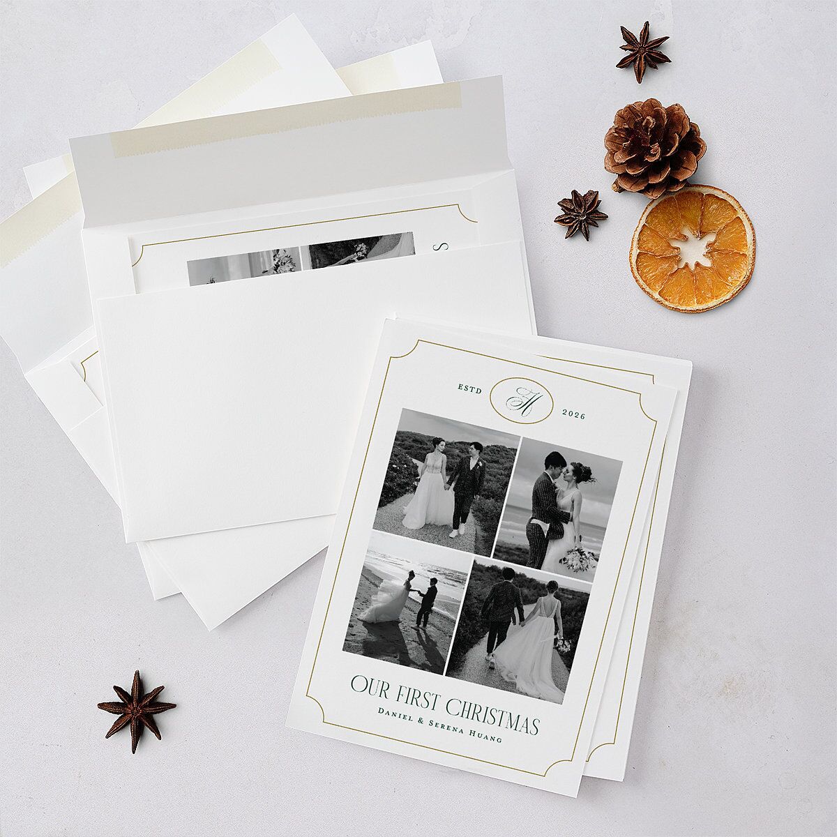 Elegant Monogram Greeting Holiday Cards Hunter Green Signature Blank Standard