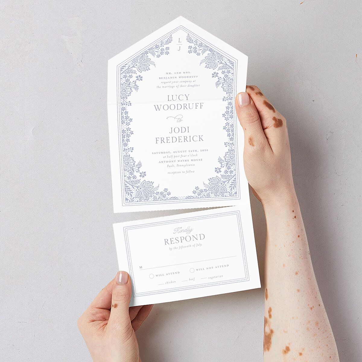 Floral Lace All-in-One Wedding Invitations Dusty Blue Signature Light Both Recipient and Return Addresses No