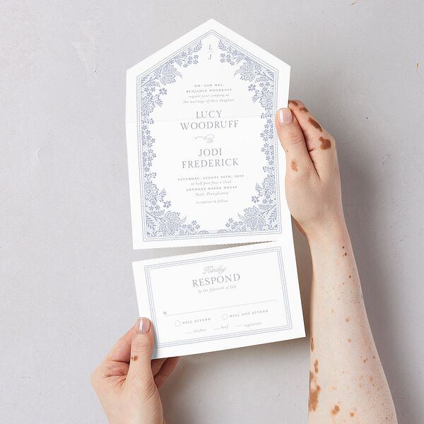 Floral Lace All-in-One Wedding Invitations Dusty Blue Signature Light Both Recipient and Return Addresses No