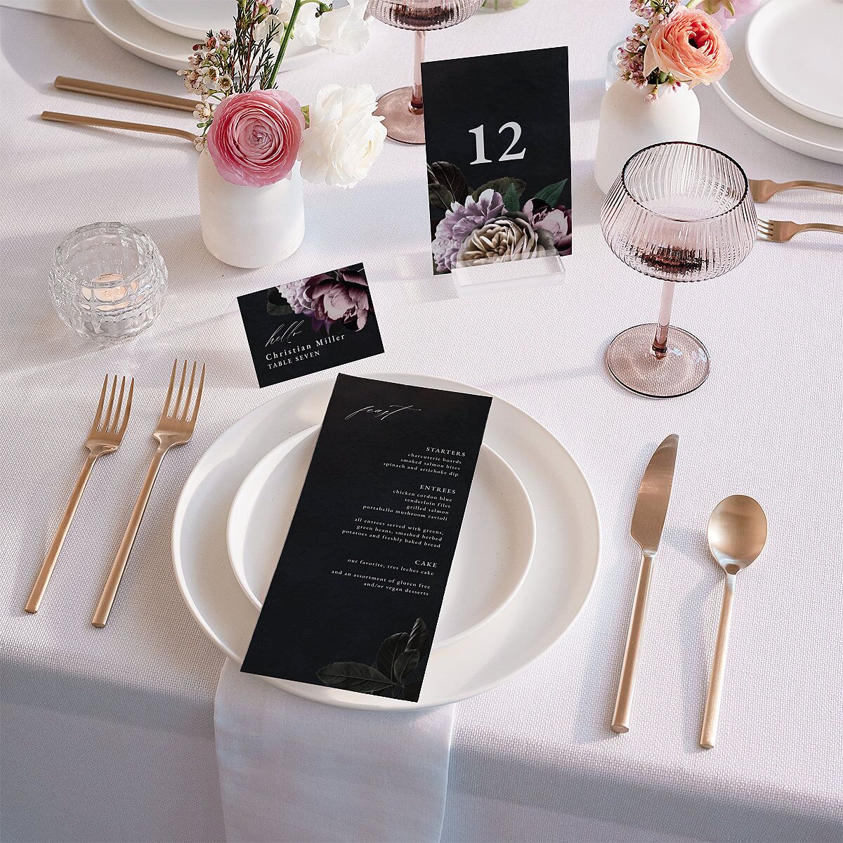 Modern Rose Place Cards Plum Signature