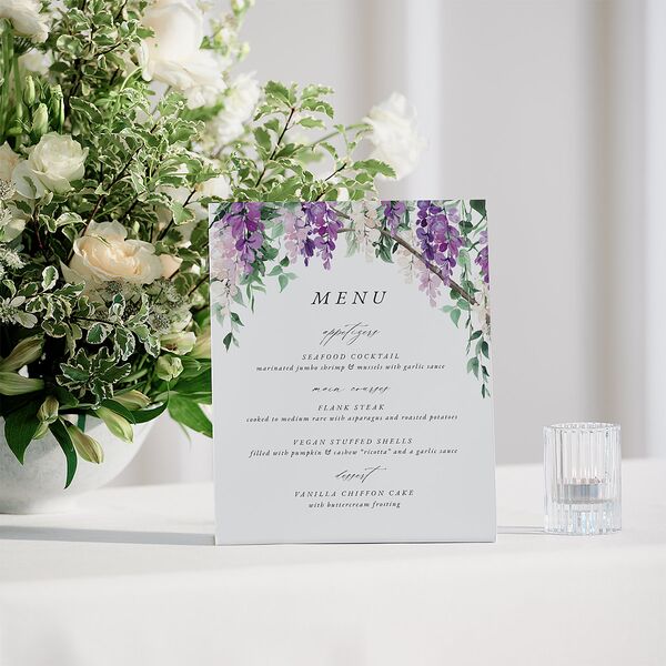 Romantic Wisteria Menu Bended Tabletop Sign X-small Purple Petal Standard Plastic XS Tabletop Menu