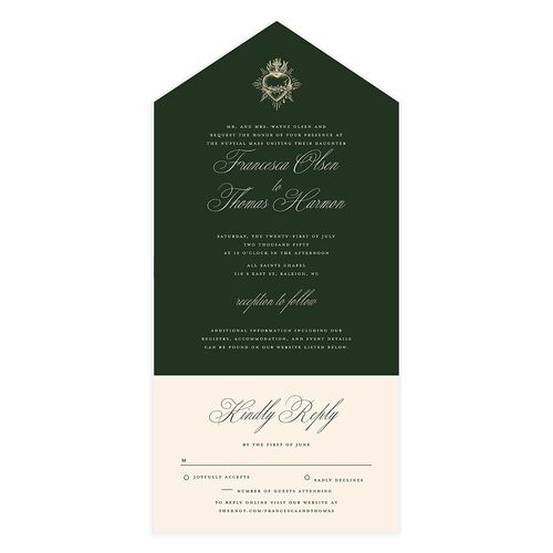 Classic Catholic Sacred Heart All-in-One Wedding Invitations Hunter Green Signature Light Both Recipient and Return Addresses No